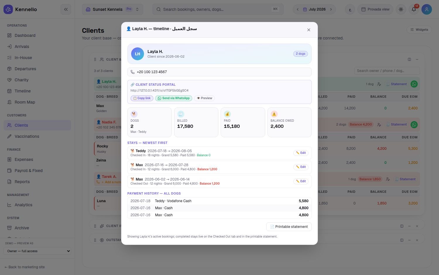 A client's whole account: every stay, every payment and their own status link