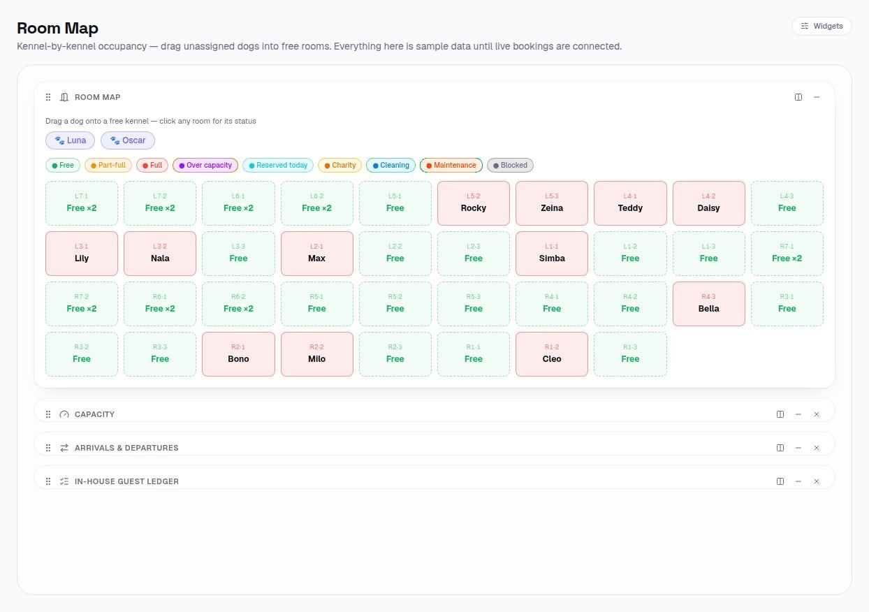 Live kennel board showing which rooms are free, full or being cleaned